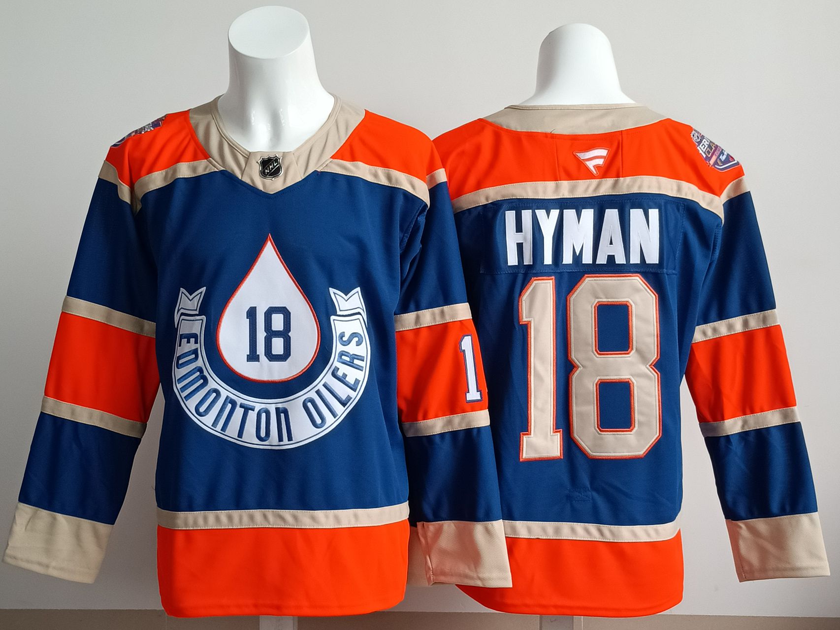 Men 2025 Edmonton Oilers #18 Hyman Blue Fanatics Home Premium NHL Jersey style 1